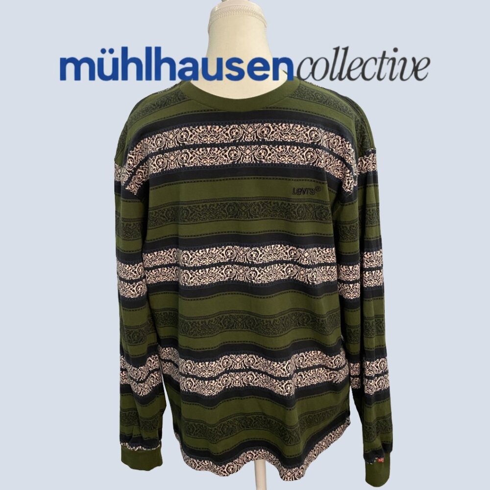 Vintage Levi's striped long sleeve shirt - olive and cream baroque